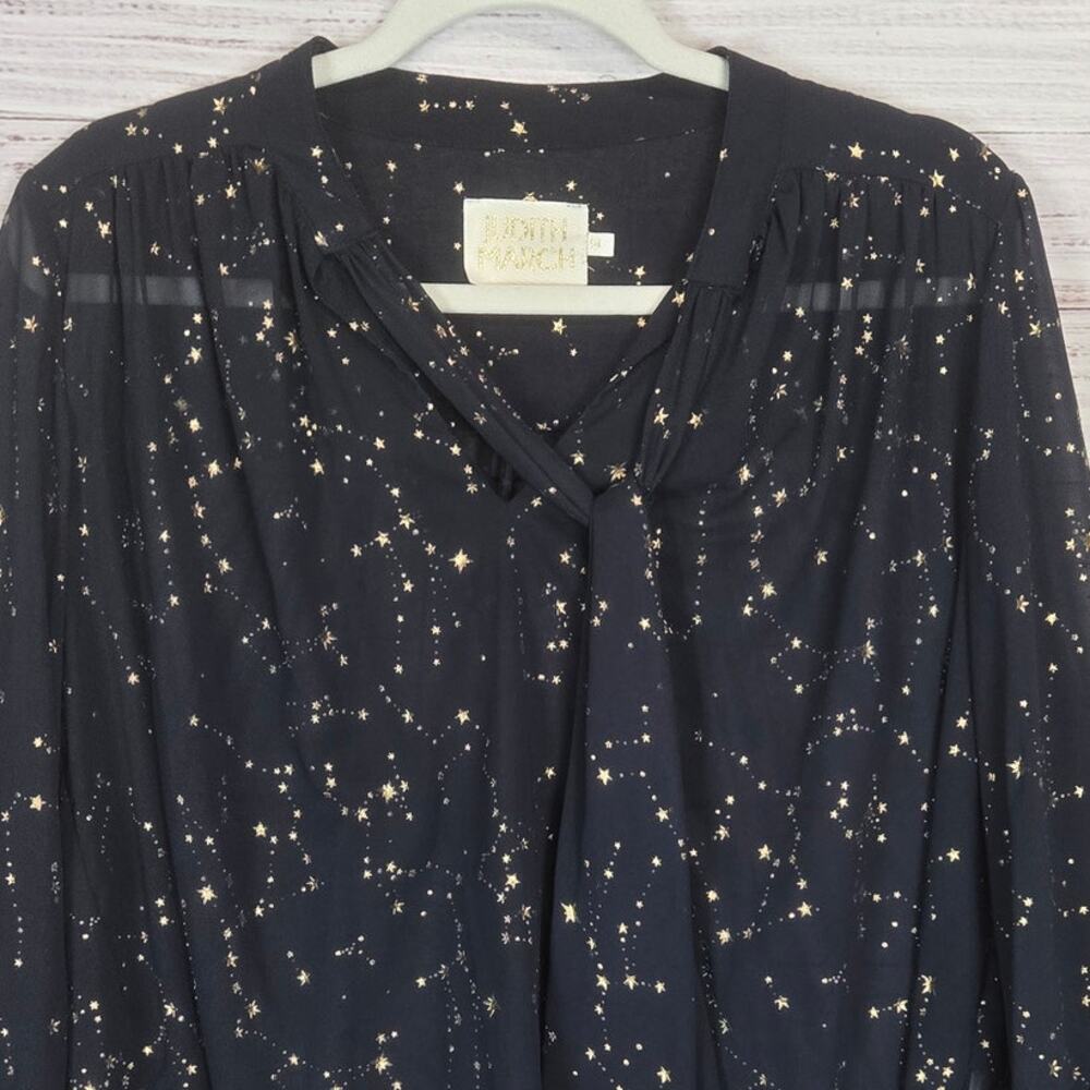 Judith March Navy Blue Gold Star Blouse M Tie Sash Puff Sleeve Flare French Cuff - Picture 5 of 12